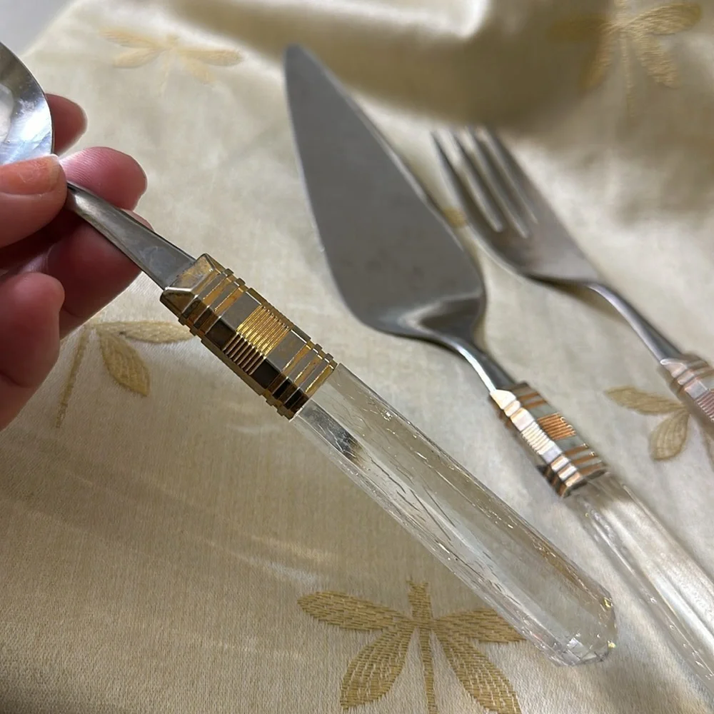 Vintage Japan Stainless Lucite 3 Piece Serving Utensil Set. Fork / Spoon / Cake.